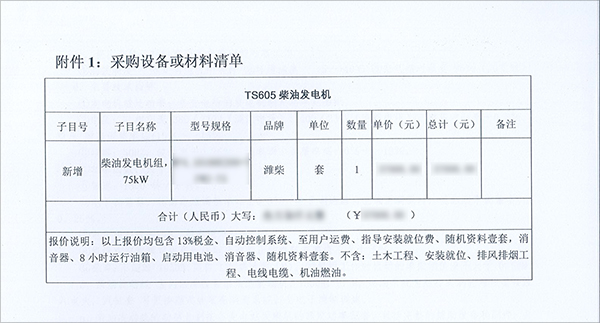 75kw潍柴柴油发电机组采购清单